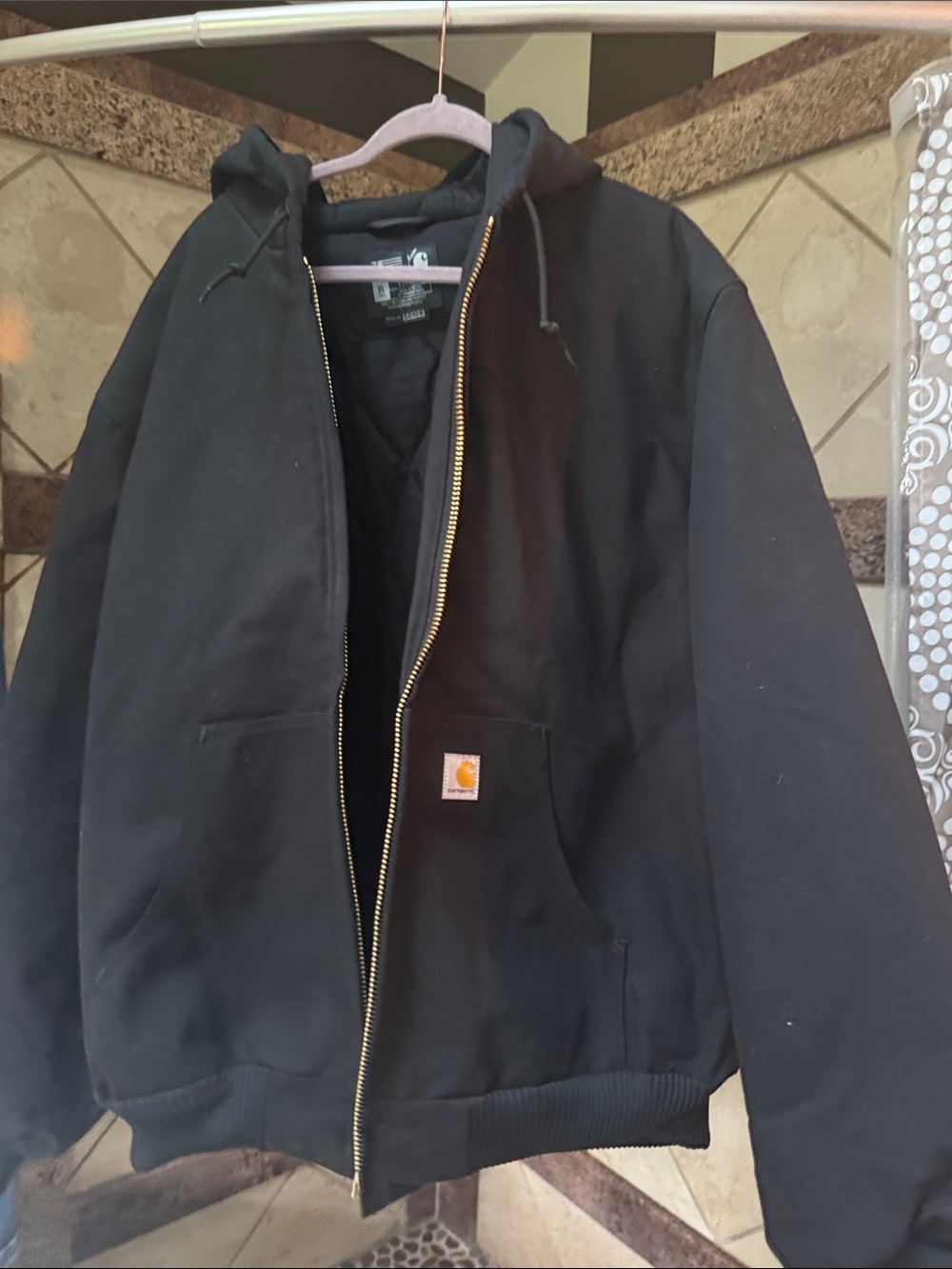 Carhartt Black Hooded Canvas Jacket with Gold Zipper